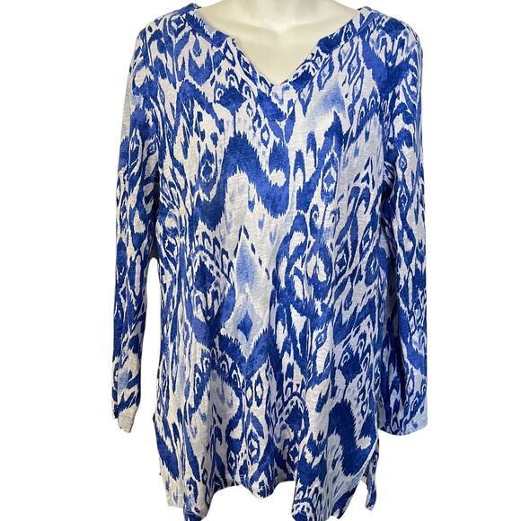 Chicos Womens Ikat Split V Neck 100% Linen Blue Knit Top Long Sleeve White 1/ M - Picture 1 of 16